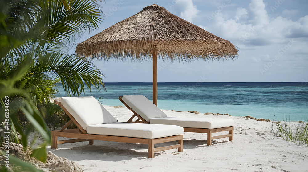 Fototapeta premium A tropical beach scene featuring two wooden lounge chairs with white cushions under a thatched palm umbrella