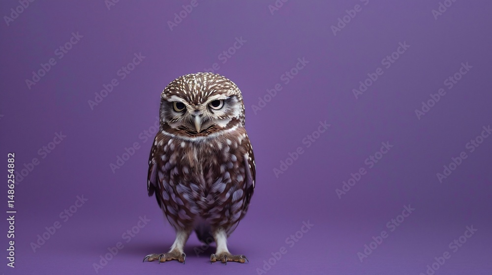 Fototapeta premium A small owl, centered against a vibrant purple backdrop