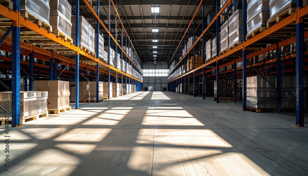 Fototapeta premium Expansive Warehouse Interior with Dramatic Shadows and Shelving Units