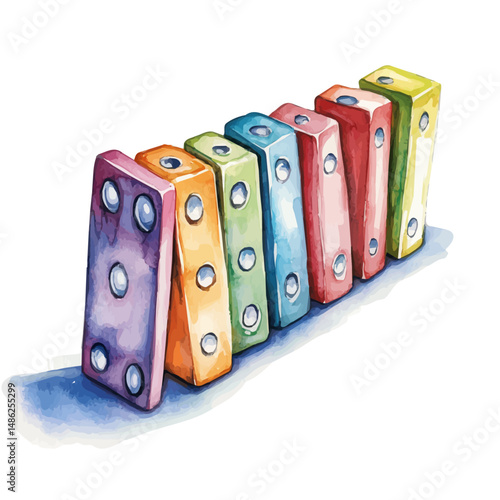 watercolor of Set Of Dominoes Lined Up In A Chain, vector high quality, isolated on a white background.