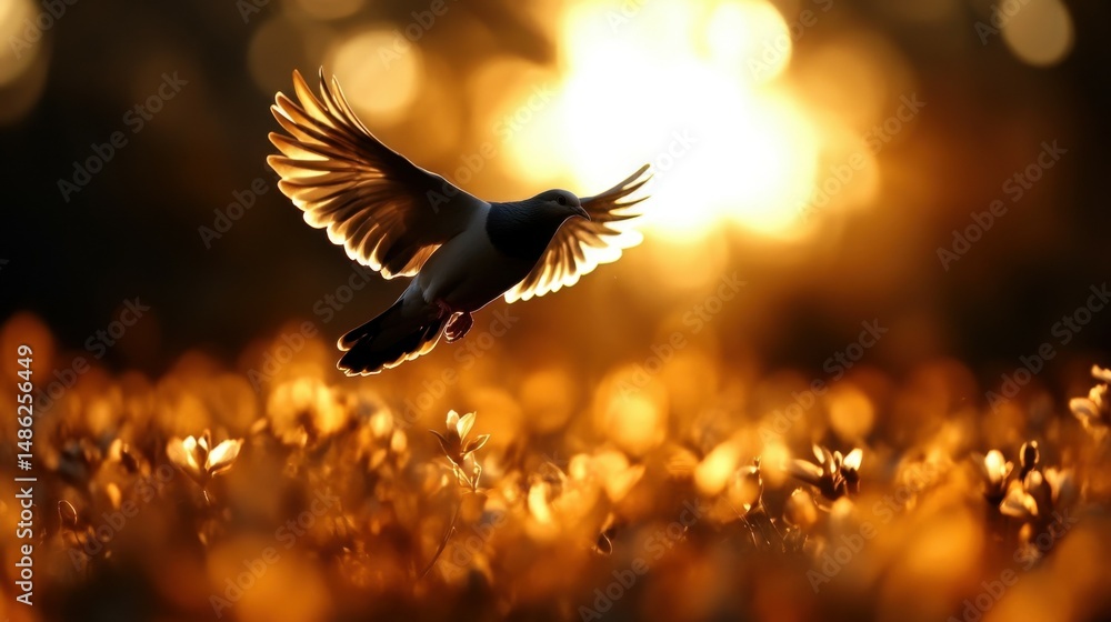 Fototapeta premium A dove flying over a field of blooming flowers