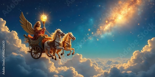 A majestic, golden chariot pulled by tiny winged horses soars through a whimsical, starlit sky, carrying a glowing orb , graceful, delicate, stars