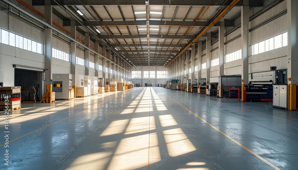 Fototapeta premium Sprawling Bay Warehouse with Packaging Machines and Dramatic Shadows