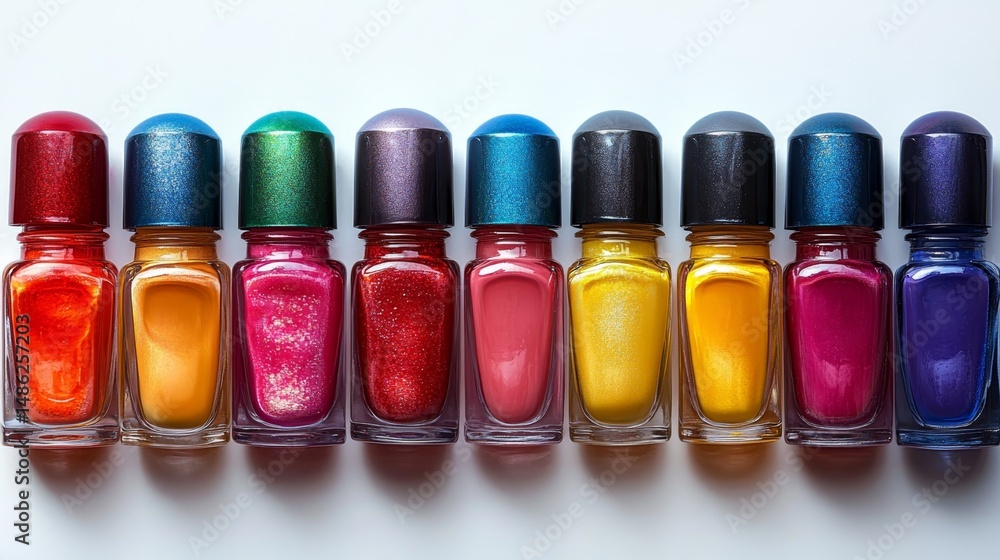 Colorful nail polish bottles arranged in a row on white background surface. Colorful nail polish bottles arranged in a row on white background surface.