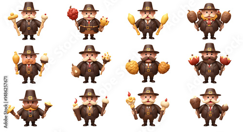 Pilgrim Character Holding Festive Harvest Items for Thanksgiving Day Design