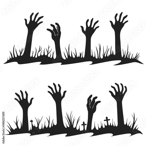 The image shows several black silhouette drawings of zombie hands reaching up from what appears to be water or ground. There are also some gravestones depicted.
