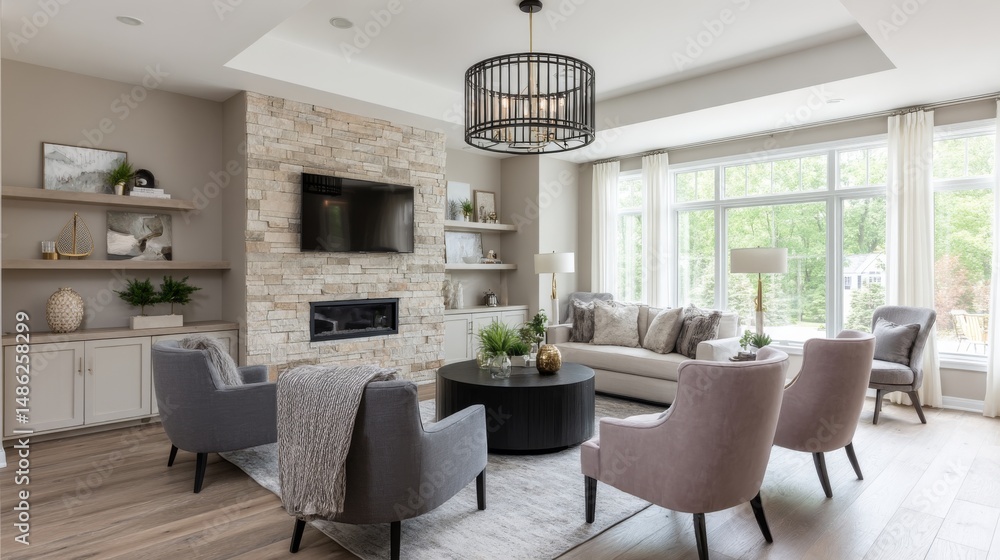 Fototapeta premium Cozy family room features plush armchairs, a knitted throw, and a glowing fireplace, ideal for relaxing evenings with loved ones and warmth