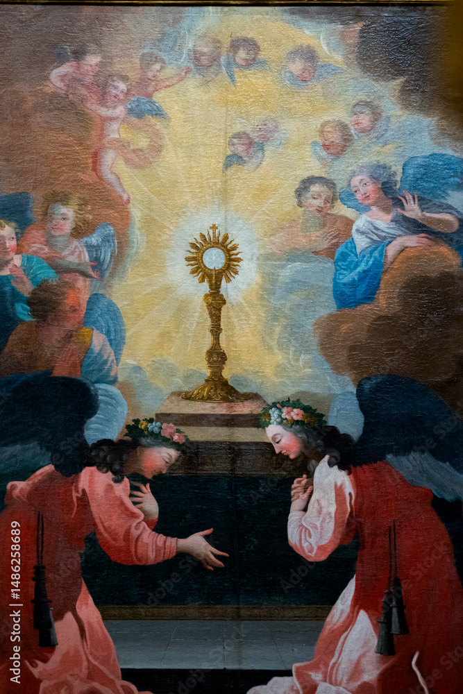 Ταπετσαρία Painting (19th century) of angels in adoration and prayer front of the Blessed Sacrament
