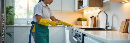 A diligent maid service efficiently cleans a modern kitchen, sparkling countertops and appliances gleam The scene conveys professionalism and thorough cleaning , maid, spotless, efficiency