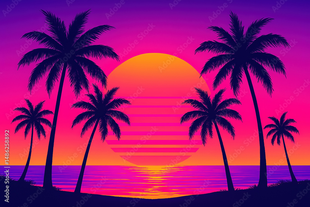 Vaporwave Palm Trees on Beach at Sunset with Retrowave Aesthetic in Bright Colors Vaporwave Palm Trees on Beach at Sunset with Retrowave Aesthetic in Bright Colors