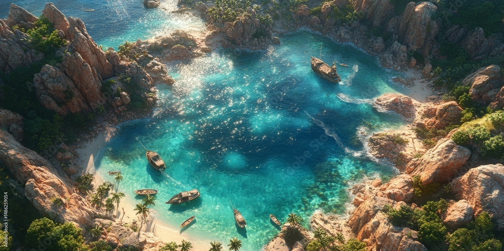 Fototapeta premium Coastal paradise bay, dotted with antique ships.