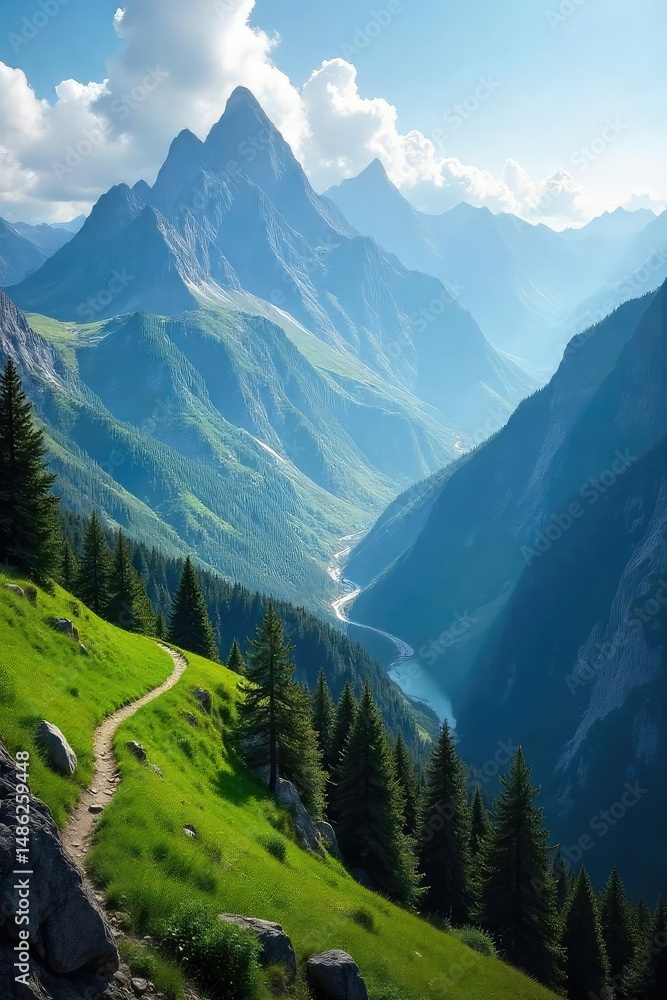 Fototapeta premium Epic mountain vista with towering peaks, lush green valleys, and a winding trail disappearing into the distance Perfect for travel, adventure, and nature themes , summit, wanderlust
