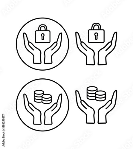 A set of icons depicting hands holding money and a padlock. Hands holding dollars and euros, padlock. Stock vector image. Vector icon of finance, wealth and security. Vector illustration. Vector illus