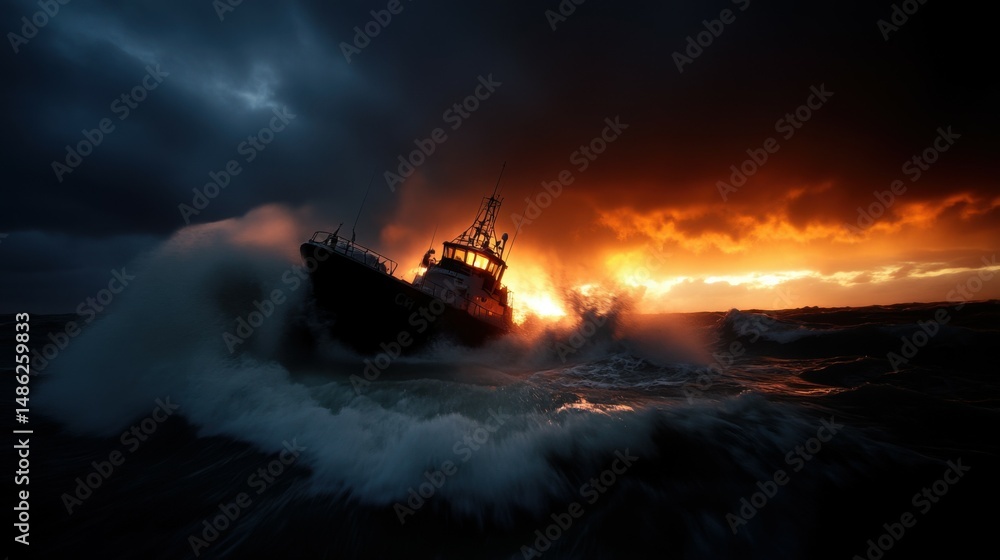 A dramatic scene of waves crashing against a lighthouse during a storm