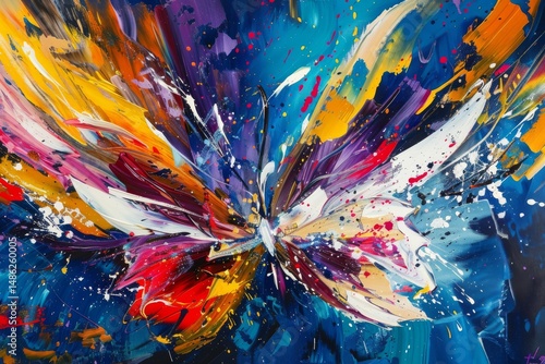 Vibrant abstract impasto butterfly painting with colorful palette knife strokes on a dark background.