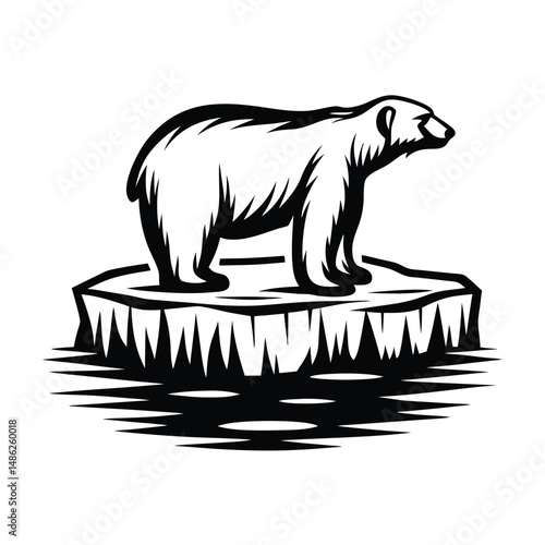Monochrome Silhouette of Polar Bear Standing on Iceberg Reflected in Water