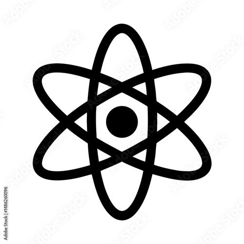 Stylized atom symbol featuring electrons revolving around a central nucleus in black