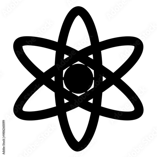 A stylized representation of an atom with black orbitals on white background