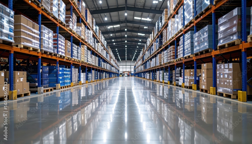 Fototapeta premium Spacious Warehouse with Stocked Pallets on Reflective Floor