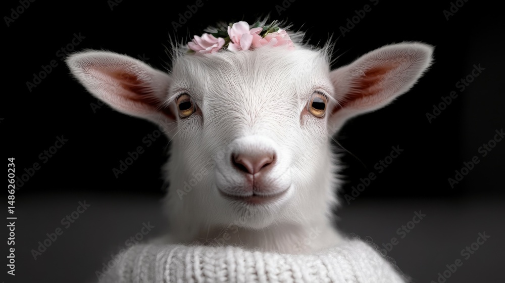 Fototapeta premium A goat wearing a floral wreath for an Easter photoshoot