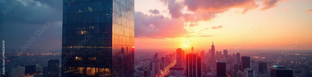 Fototapeta premium Sleek modern glass skyscraper office building reflecting the city skyline at sunset Perfect for corporate, real estate, and architecture projects , geometric, contemporary