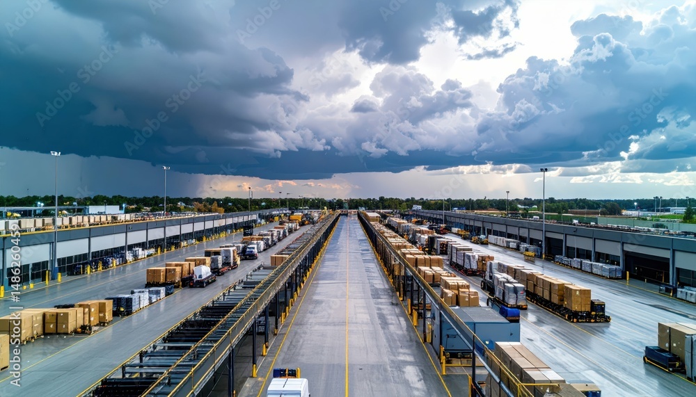 Obraz premium Sprawling Warehouse with Mezzanine and Robotic Pickers Under Stormy Skies