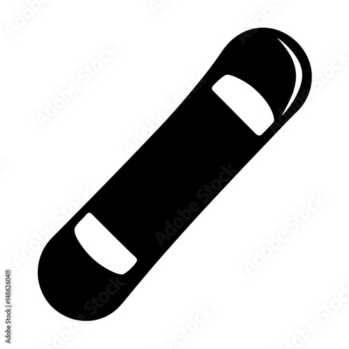 Simple black and white silhouette image of a modern snowboard design