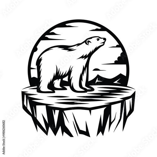 Black and White Polar Bear on Iceberg, Minimalist Arctic Wildlife Illustration, Isolated Art