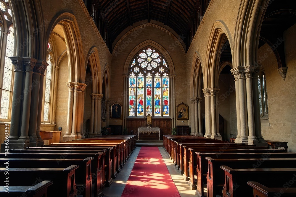 Fototapeta premium Historic English church, stained glass, peaceful scene, religious architecture , peaceful, prayer