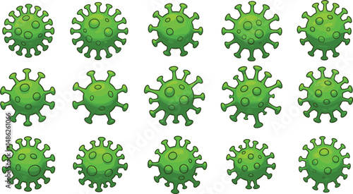 Green Virus Cartoon Vector Illustration Set – Isolated Pathogen, Bacteria, or Germ Icon for Medical, Health, and Infection Concepts