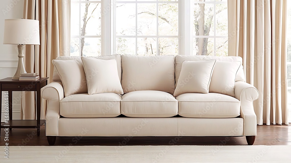 Fototapeta premium Elegant living room showcasing a comfortable cream sofa with neutral decor, window view, and calming ambiance.