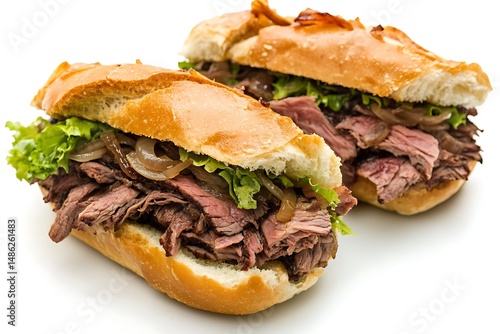 A close-up of a gourmet roast beef sub, featuring delicious grilled beef and caramelized onions in a sandwich