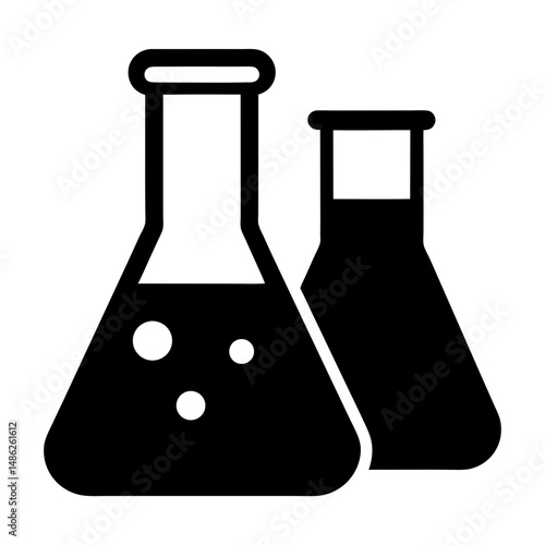 Pair of Erlenmeyer flasks filled with laboratory liquid in black and white