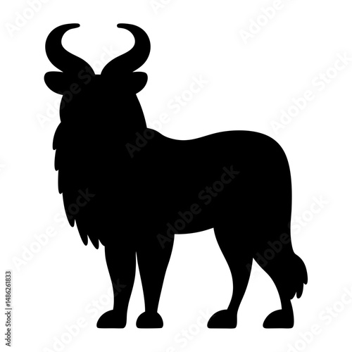 Silhouette of a shaggy horned animal standing isolated on white background