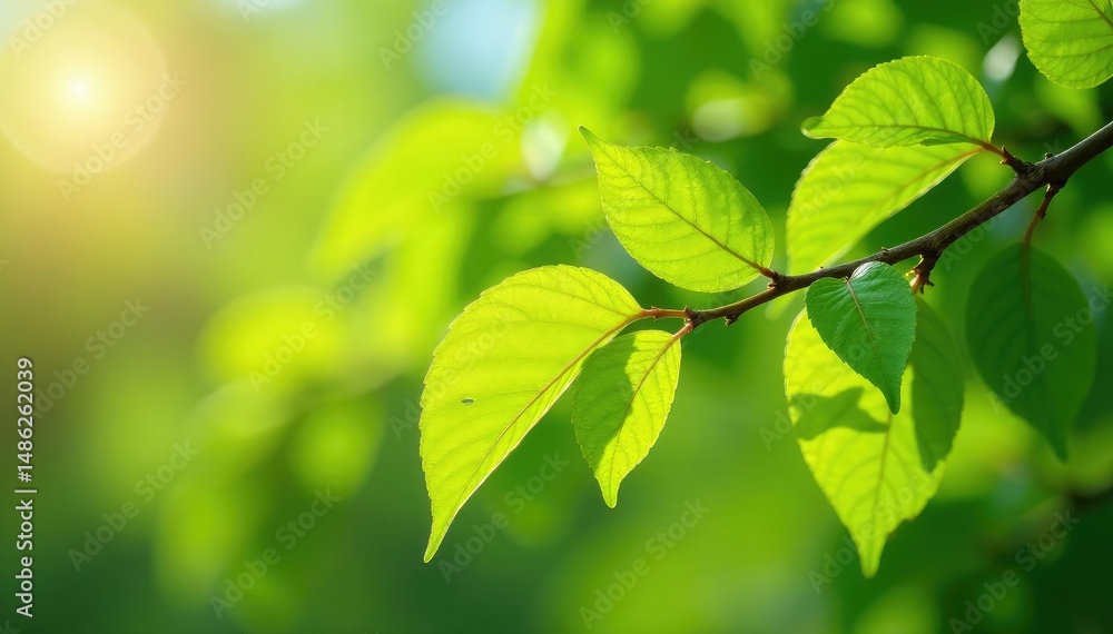 Vibrant beech green leaves on a tree branch in sunlight , fresh, botany Vibrant beech green leaves on a tree branch in sunlight , fresh, botany