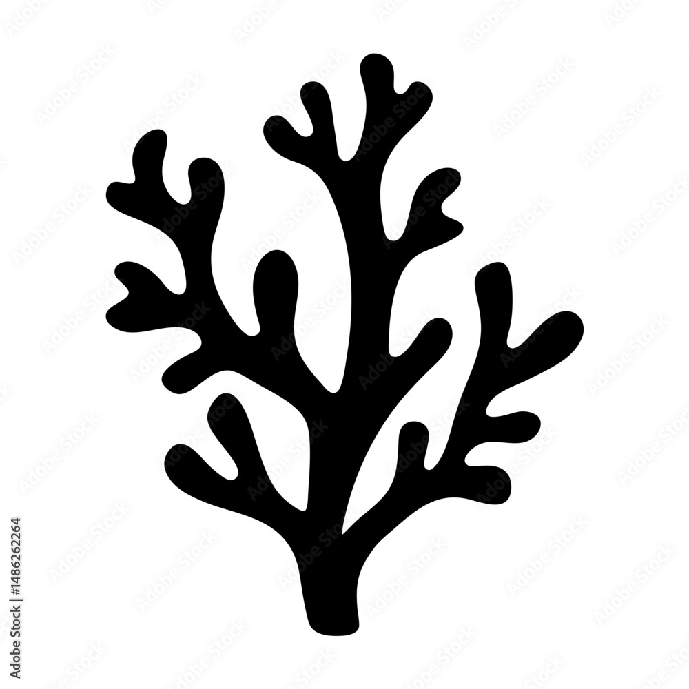 Abstract black and white seaweed illustration with multiple branching structures reaching upward Abstract black and white seaweed illustration with multiple branching structures reaching upward