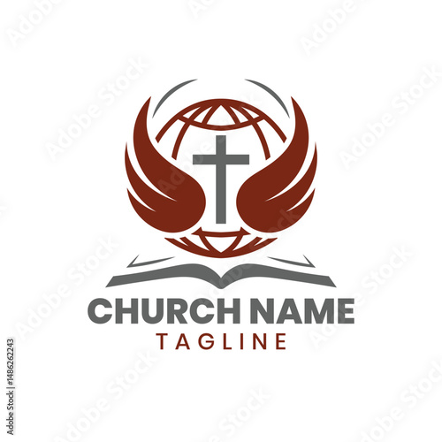 Modern Church Logo Template With Cross, Globe, Wings And Book Design