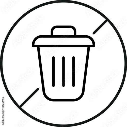 Trash Can Prohibited Linear Symbol Drawn with Thin Line