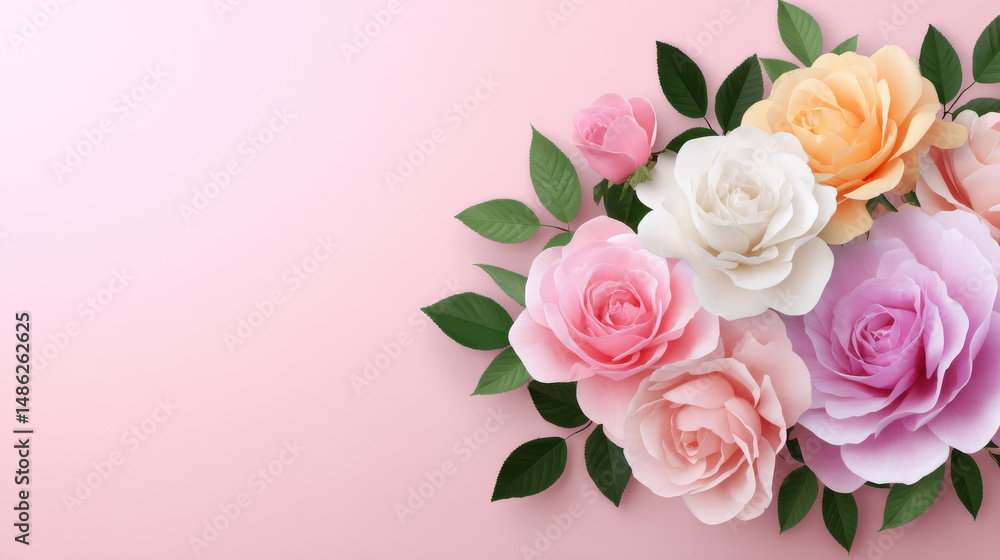 A beautiful arrangement of delicate roses in pastel shades of pink, peach, white, and lavender with green leaves is displayed on a soft pink background. A beautiful arrangement of delicate roses in pastel shades of pink, peach, white, and lavender with green leaves is displayed on a soft pink background.