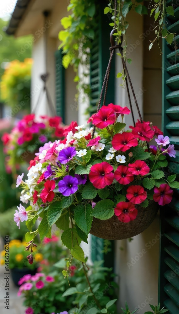 Vibrant overflowing hanging baskets bursting with colorful petunias, geraniums, and trailing ivy Perfect for garden, patio, or balcony decor Enjoy the beauty of summer blooms , bright, vibrant Vibrant overflowing hanging baskets bursting with colorful petunias, geraniums, and trailing ivy Perfect for garden, patio, or balcony decor Enjoy the beauty of summer blooms , bright, vibrant