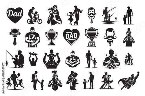 Diverse Father and Child Silhouette Icons for Father's Day