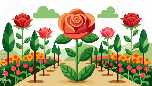 Giant Rose in a Vibrant Garden Illustration