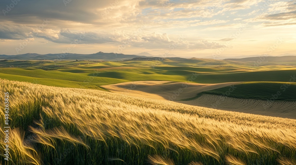 Obraz premium Waves of wheat ripple in the breeze. 