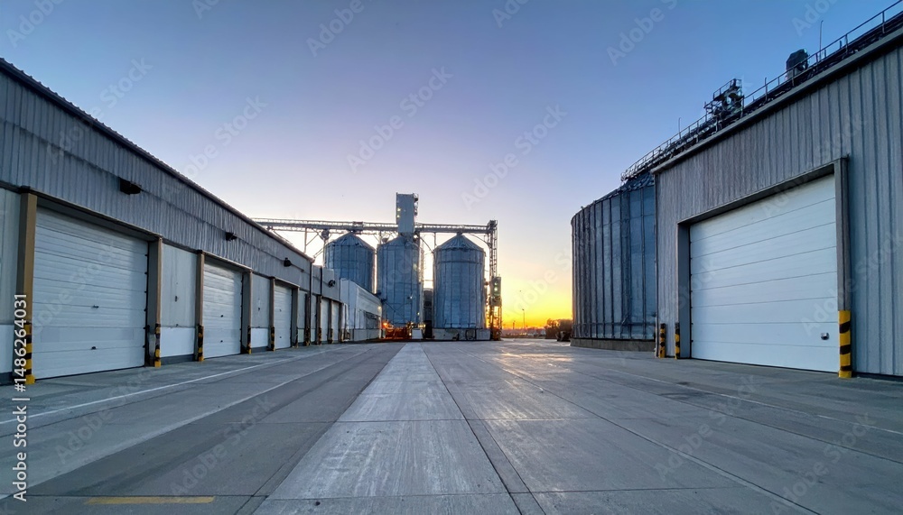 Fototapeta premium Sterile Grain Silo Interior with Loading Docks at Dawn
