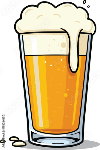Beer glass vector illustration – Frosty pint with foam overflow and bubbles. Alcohol drink clipart