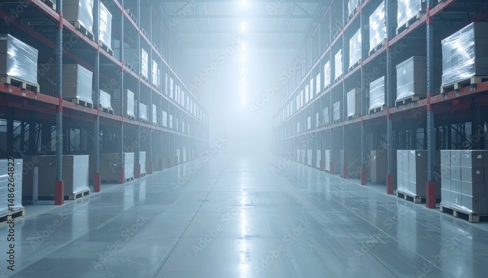 Obraz premium Misty Warehouse Logistics Hub with Pallet Racking and No People