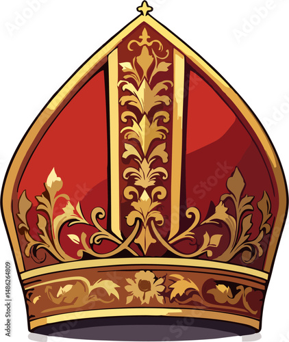 Elegant Red and Gold Papal Mitre Vector – Ornate Catholic Bishop Hat with Baroque Floral Embellishments for Religious Design Projects