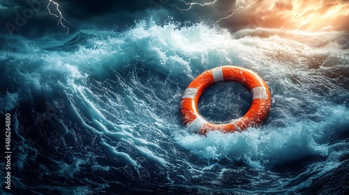 life preserver on turbulent ocean waves with lightning striking background symbolizing financial crisis rescue dramatic powerful imagery