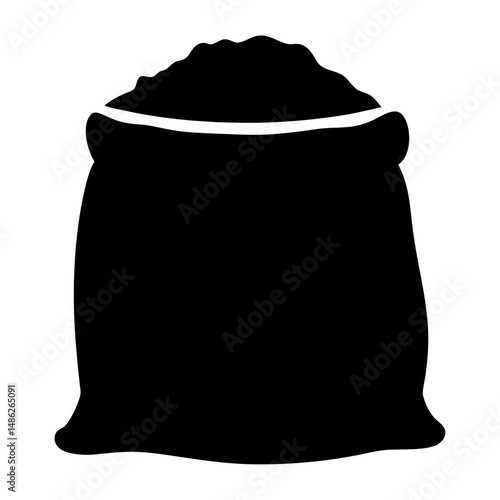 Black silhouette of a sack overflowing with unknown content on white backdrop