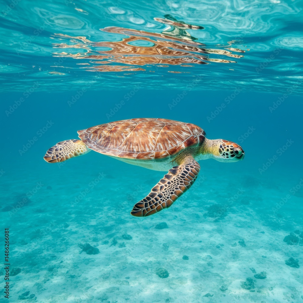 Fototapeta premium A majestic sea turtle glides effortlessly through the calm, blue ocean, a peaceful sight.